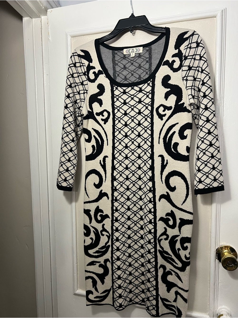 Pink Rose Black and Cream Patterned Knit Midi Dress